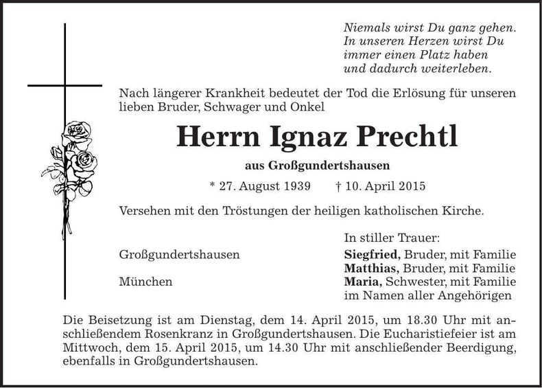 Traueranzeige Ignaz Prechtl
