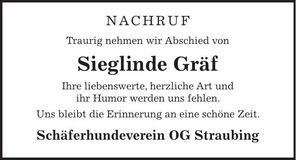 Traueranzeige Sieglinde Gräf