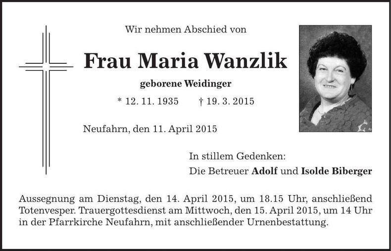 Traueranzeige Maria Wanzlik