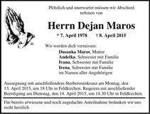 Traueranzeige Dejan Maros