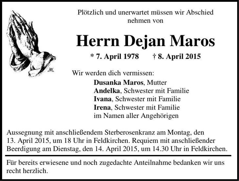 Traueranzeige Dejan Maros