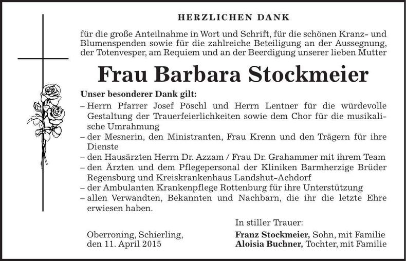 Traueranzeige Barbara Stockmeier