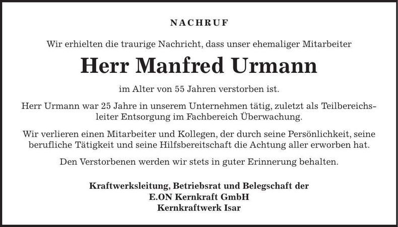 Traueranzeige Manfred Urmann