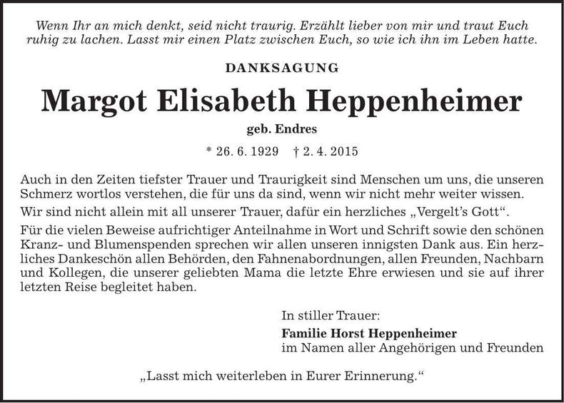 Traueranzeige Margot Elisabeth Heppenheimer