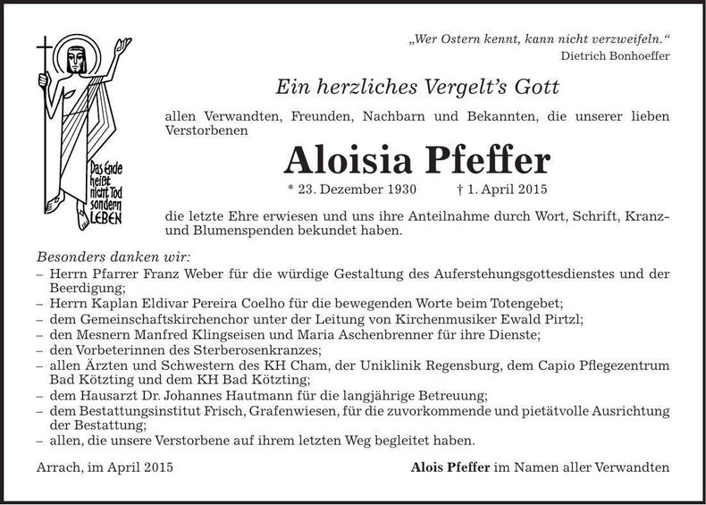 Traueranzeige Aloisia Pfeffer