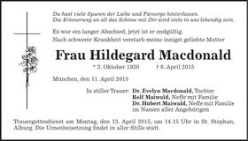 Traueranzeige Hildegard Macdonald