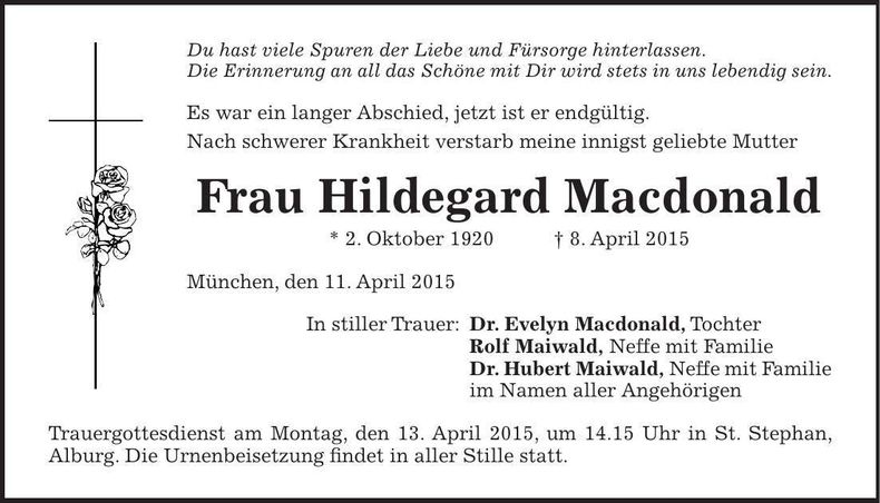 Traueranzeige Hildegard Macdonald