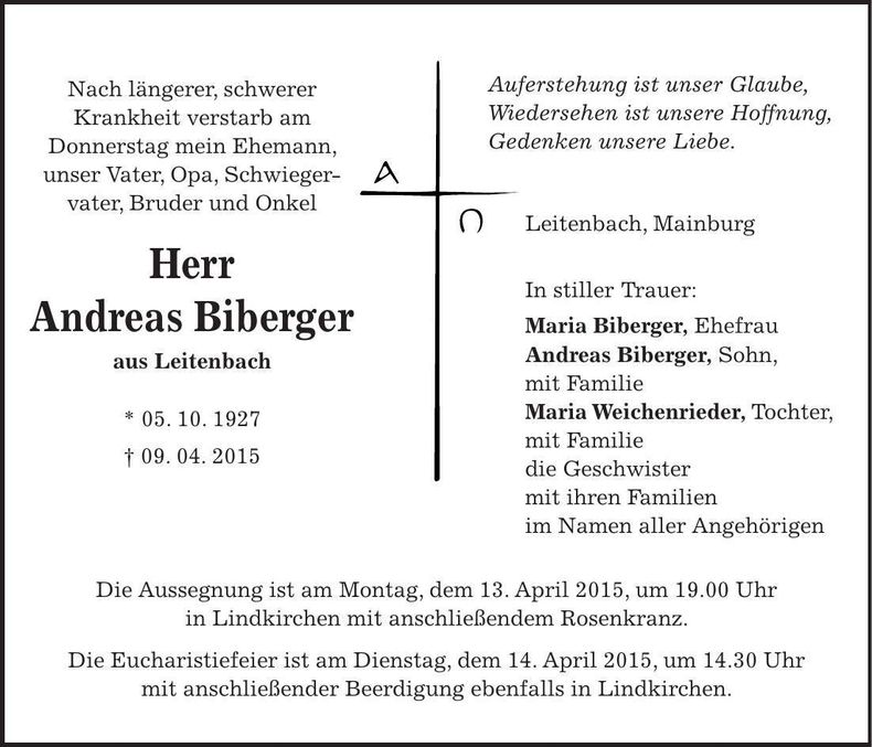 Traueranzeige Andreas Biberger