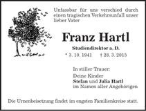 Traueranzeige Franz Hartl