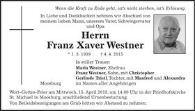 Traueranzeige Franz Xaver Westner