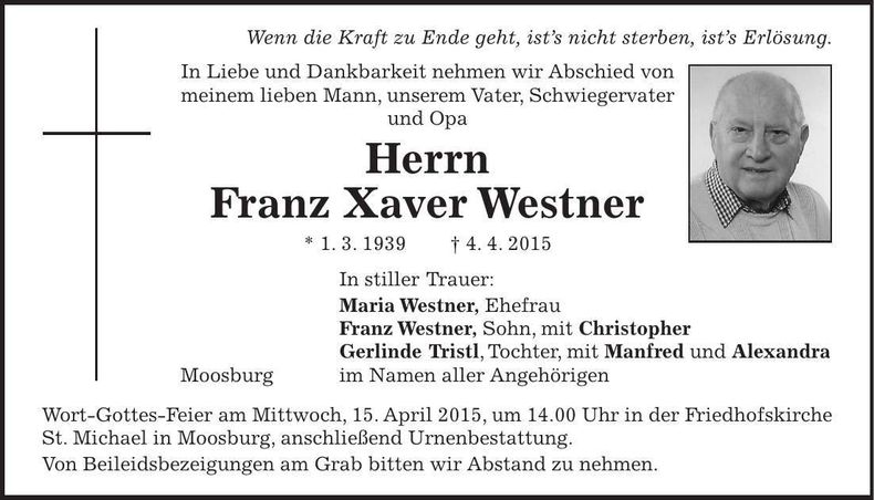 Traueranzeige Franz Xaver Westner