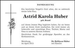 Traueranzeige Astrid Karola Huber