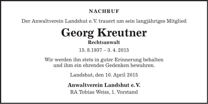 Traueranzeige Georg Kreutner