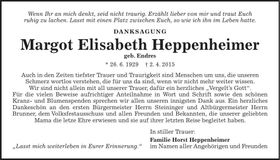 Traueranzeige Margot Elisabeth Heppenheimer