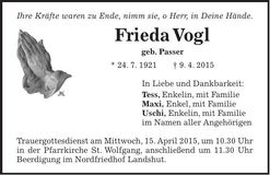 Traueranzeige Frieda Vogl