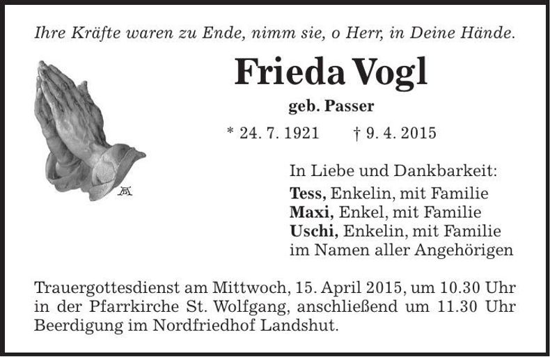 Traueranzeige Frieda Vogl