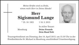Traueranzeige Sigismund Lange