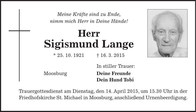 Traueranzeige Sigismund Lange
