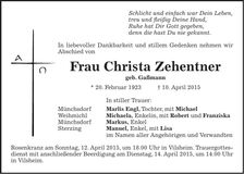 Traueranzeige Christa Zehentner