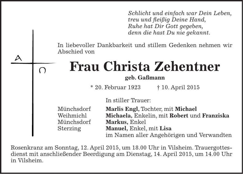 Traueranzeige Christa Zehentner