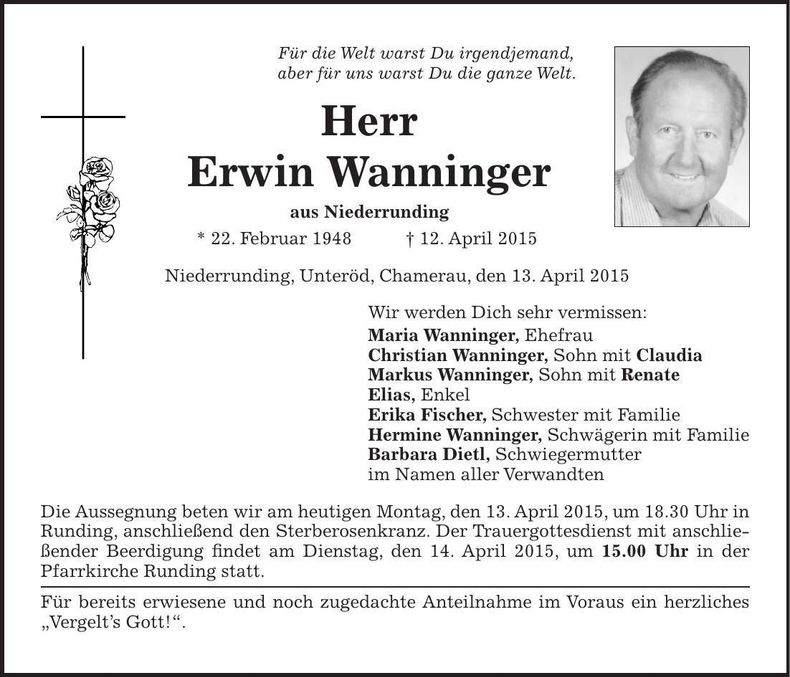 Traueranzeige Erwin Wanninger