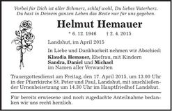 Traueranzeige Helmut Hemauer