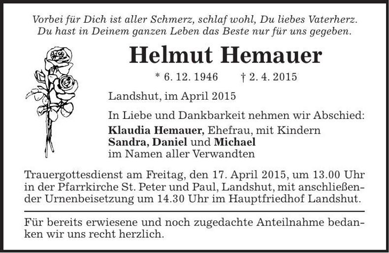Traueranzeige Helmut Hemauer