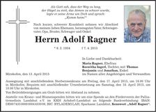 Traueranzeige Adolf Ragner