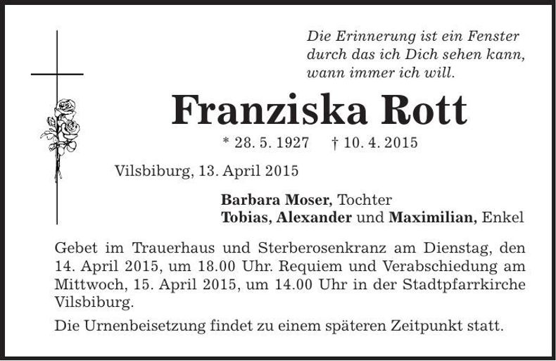 Traueranzeige Franziska Rott