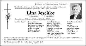 Traueranzeige Lina Jeschke