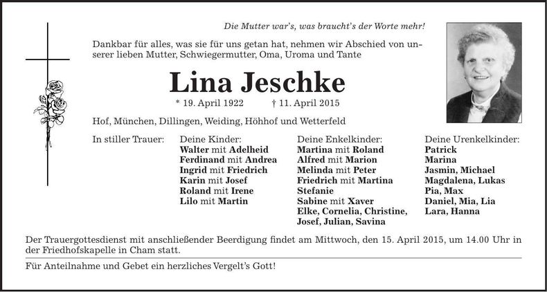 Traueranzeige Lina Jeschke