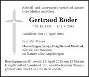 Traueranzeige Gertraud Röder
