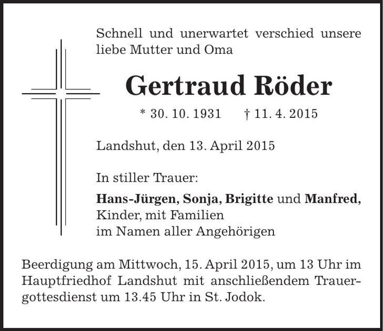 Traueranzeige Gertraud Röder