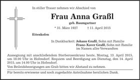 Traueranzeige Anna Graßl