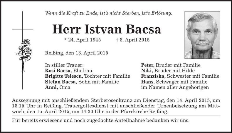Traueranzeige Istvan Bacsa
