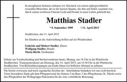 Traueranzeige Matthias Stadler