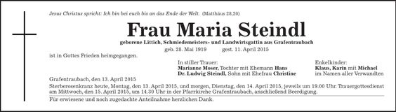 Traueranzeige Maria Steindl