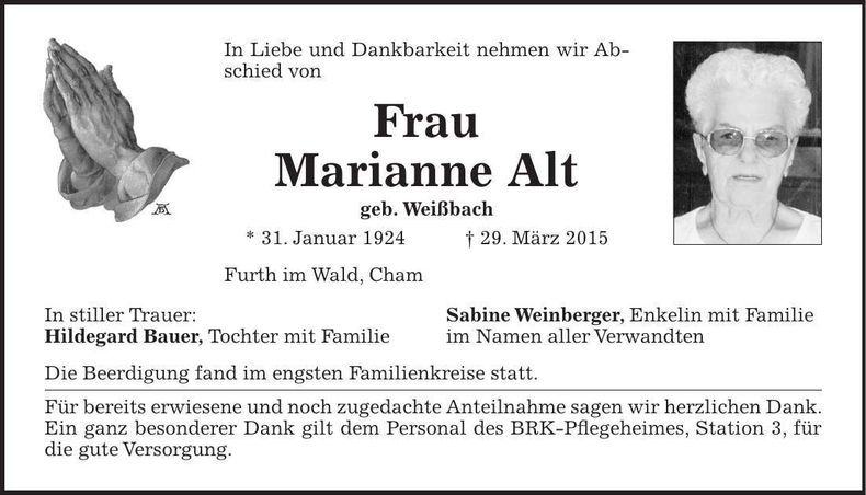 Traueranzeige Marianne Alt