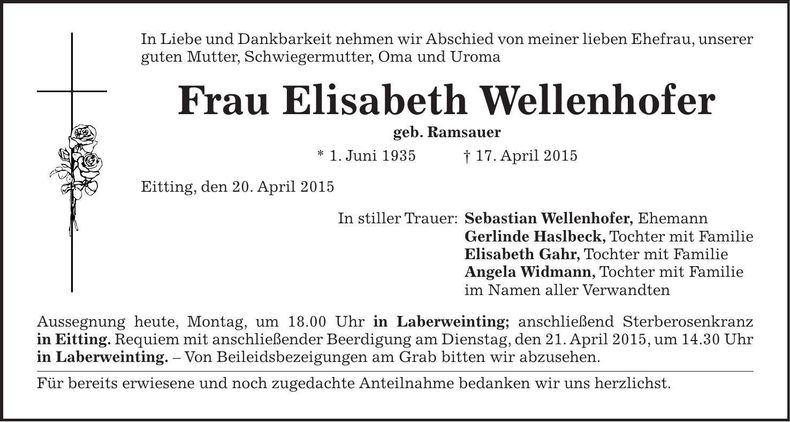 Traueranzeige Elisabeth Wellenhofer