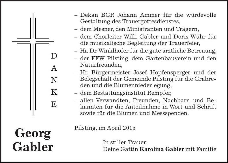 Traueranzeige Georg Gabler