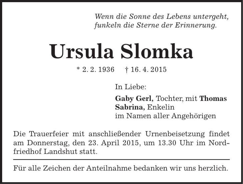 Traueranzeige Ursula Slomka