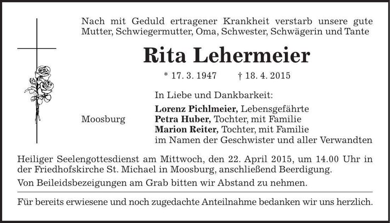 Traueranzeige Rita Lehermeier