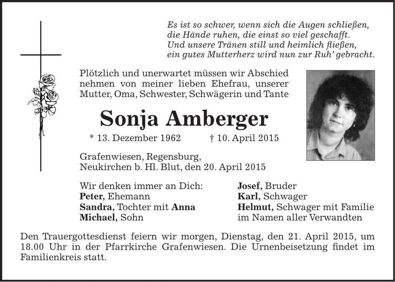 Traueranzeige Sonja Amberger