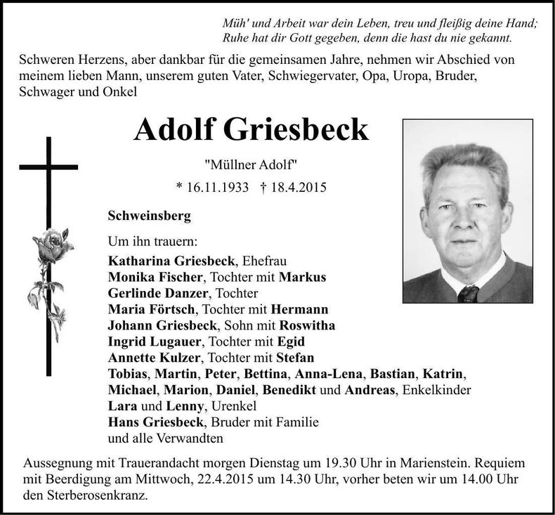 Traueranzeige Adolf Griesbeck