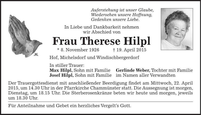 Traueranzeige Therese Hilpl