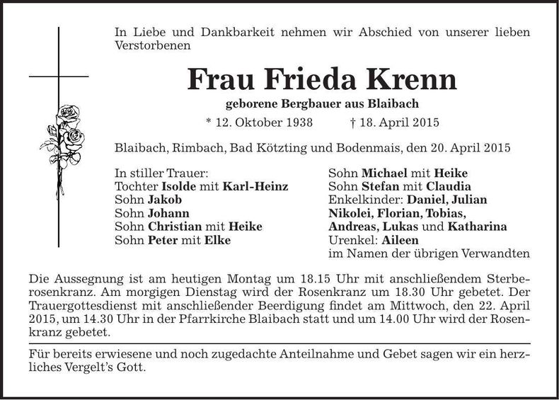 Traueranzeige Frieda Krenn