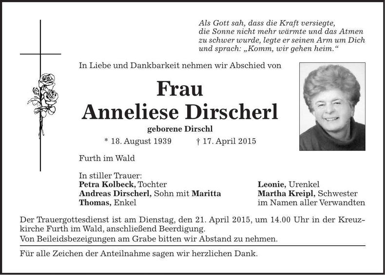 Traueranzeige Anneliese Dirscherl