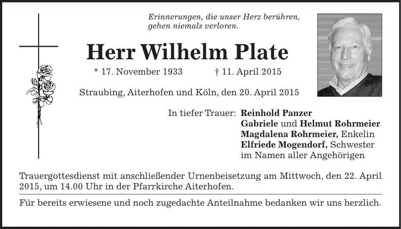 Traueranzeige Wilhelm Plate