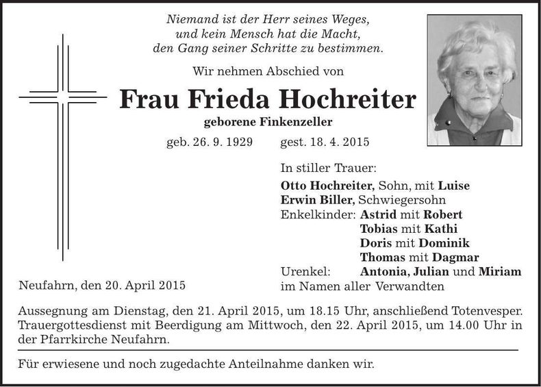 Traueranzeige Frieda Hochreiter