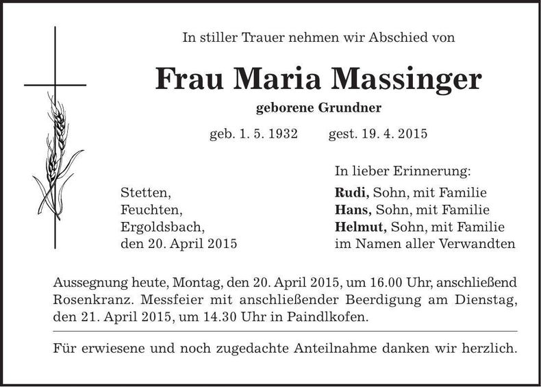 Traueranzeige Maria Massinger